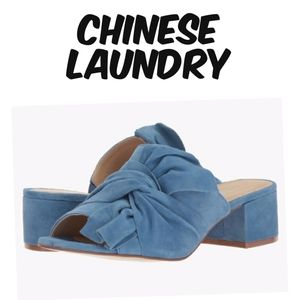 Chinese Laundry Marlowe Blue Kid Suede Block Heeled Slip-On Mule Slides Sz 6.5